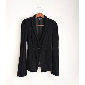 Elizabeth and James Black Lamb Suede Leather Blazer Jacket Puff Shoulder Size 4
